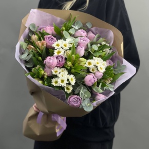 Букет "Парадайз" из кустовых пионовидных роз, альстромерий и хризантем сантини в Лосино-Петровском