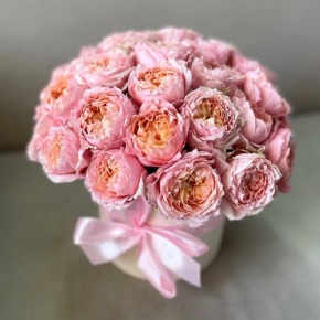 Композиция в шляпной коробке из кустовой пионовидной розы Джульетта в Лосино-Петровском