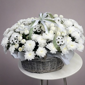 Композиция в корзине "Снежная лавина" из хризантем в Лосино-Петровском