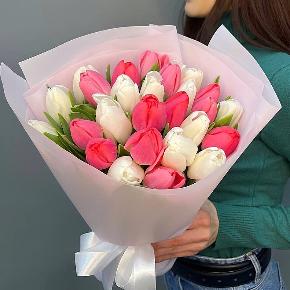 Букет из 25 кораллово-белых тюльпанов в Лосино-Петровском